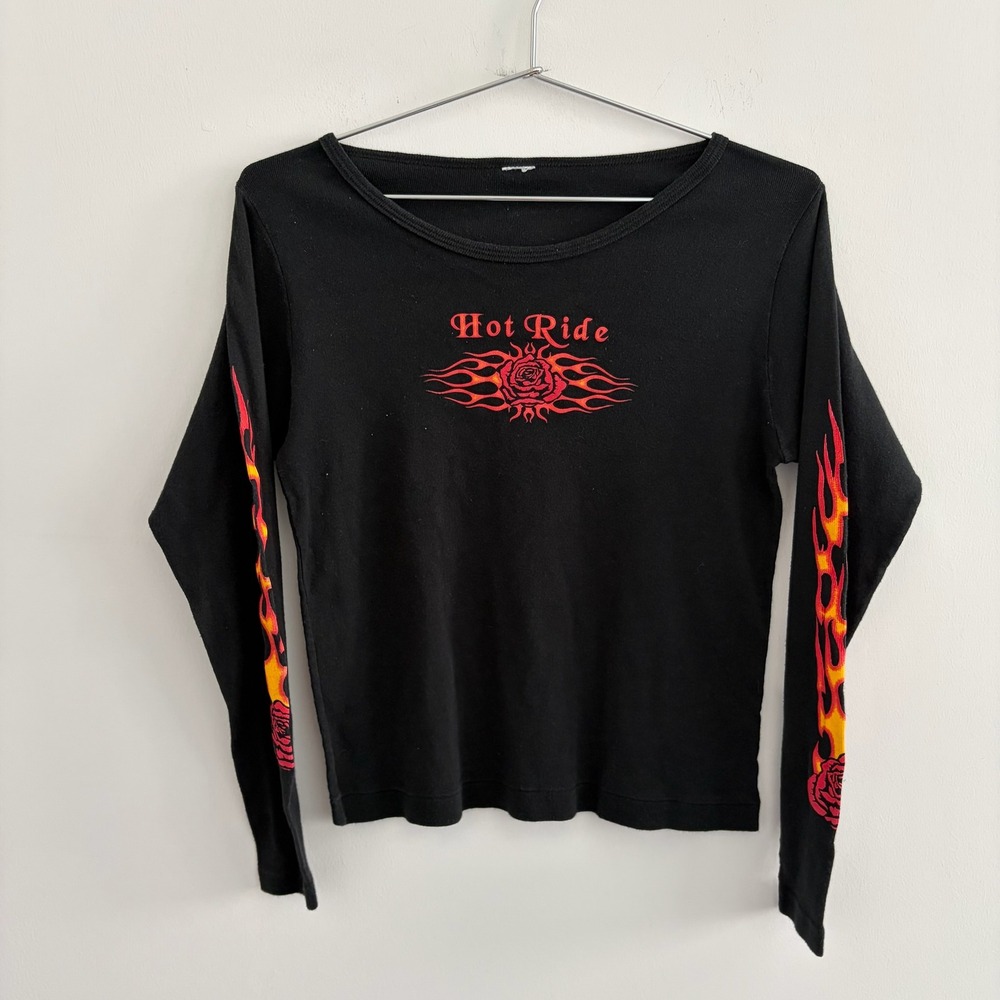 Hot Ride Graphic Long Sleeve T-Shirt Black Flame Rose Y2K Biker